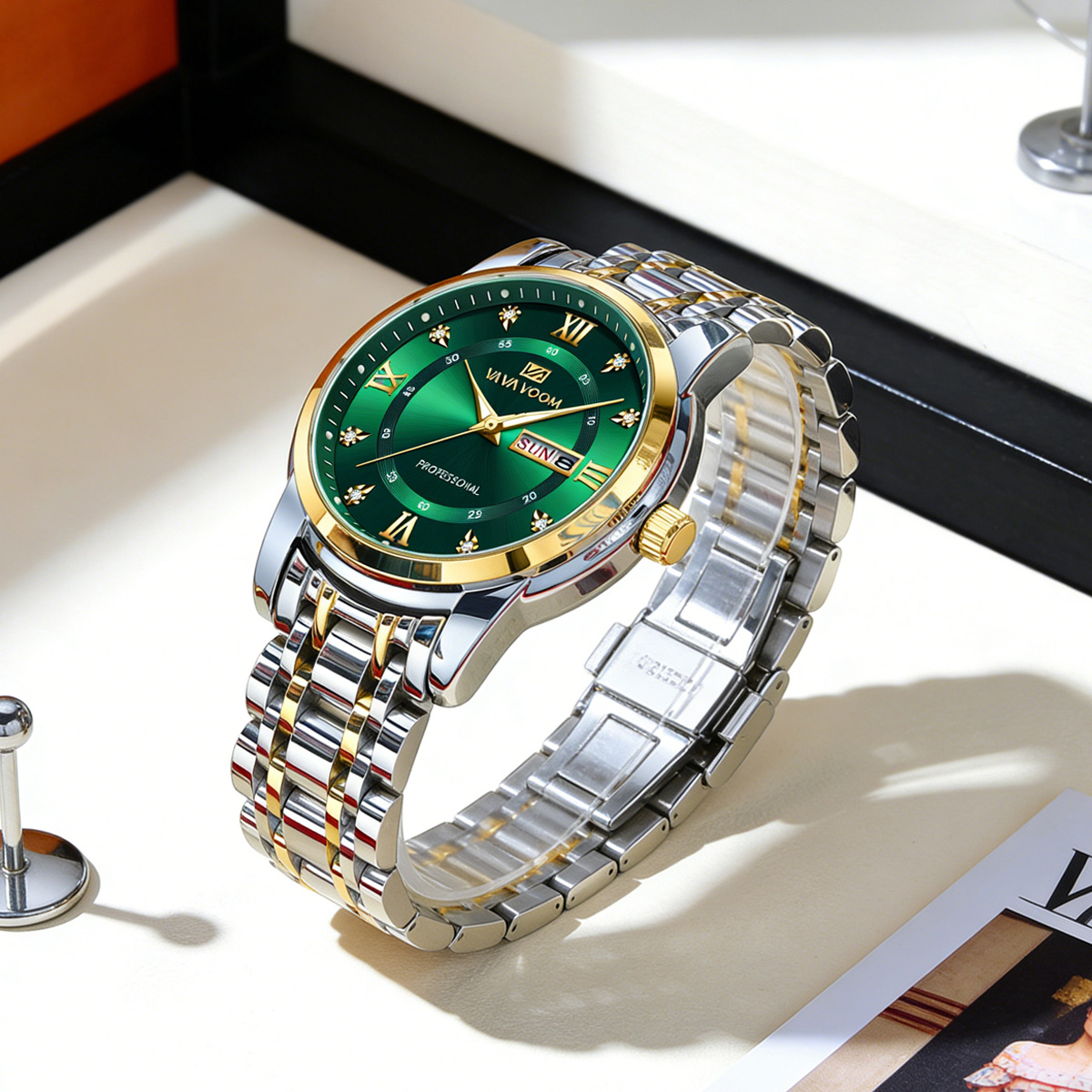 Luxury Watch Green Dial - Luxury Rhinestone Gold Ring Stainless Steel