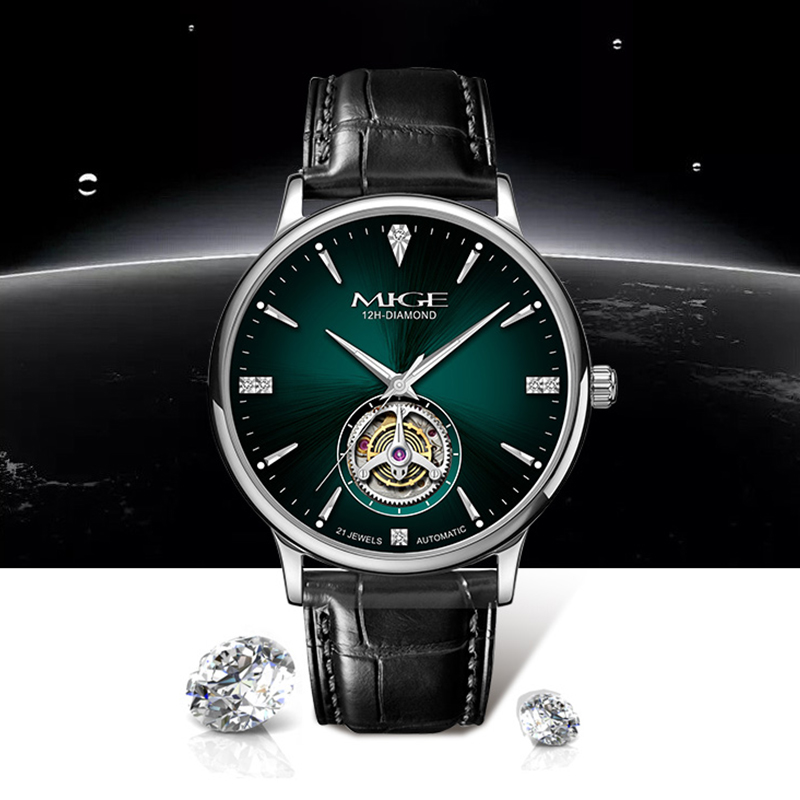Luxury Watch Green Dial - MIGE Thin Mens Open Heart Auto