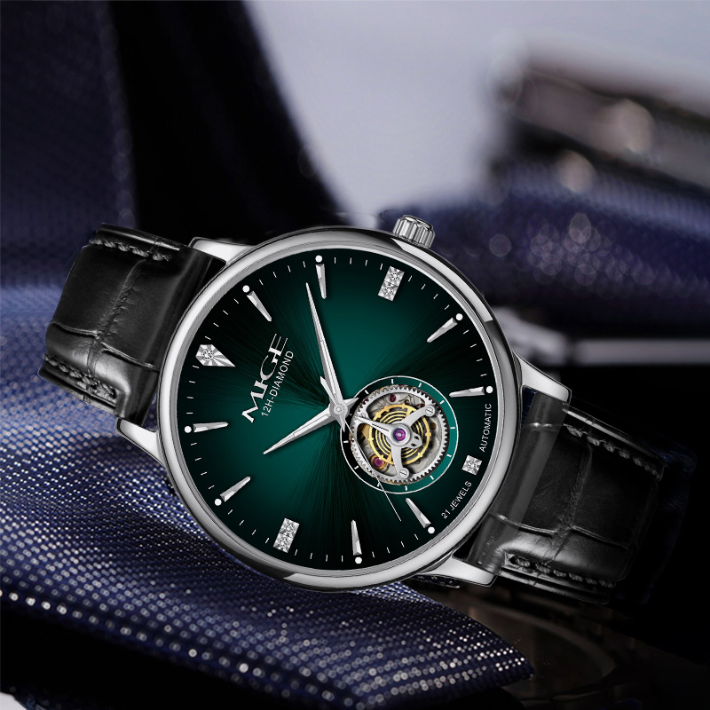 MIGE Thin Mens Open Heart Auto - огляд і ціна Luxury Watch Green Dial