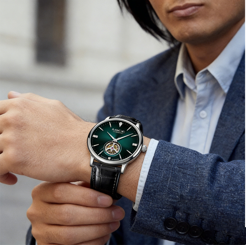 MIGE Thin Mens Open Heart Auto - огляд і ціна Luxury Watch Green Dial